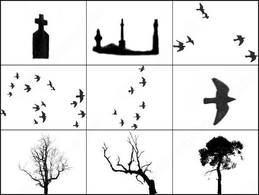 spooky mist, birds, gravestones, and trees brush