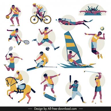 sports icons cartoon characters sketch colorful dynamic design