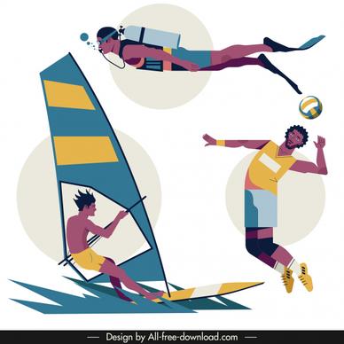 sports icons diving volleyball sailing sketch cartoon characters