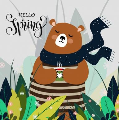 spring background cute bear icon colored cartoon