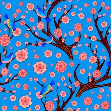 spring background red cherry blossom blue birds ornament