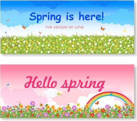 spring background sets illustration with flower field