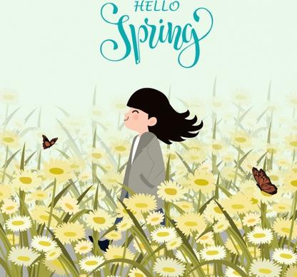 spring drawing girl flower field icons colored cartoon