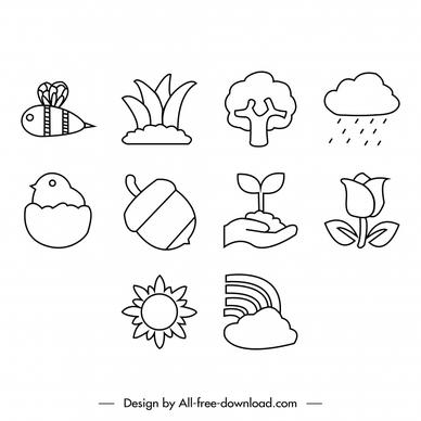 spring icons sets flat black white handdrawn nature element sketch 