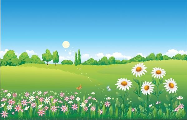spring landscape background colorful flowers hill icons decor