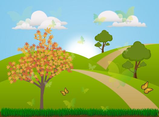 spring scenery vector illustration with colored vignette style