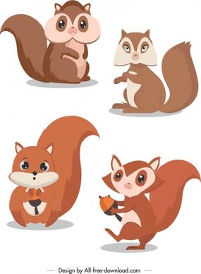 squirrel icons cute cartoon characters colored design