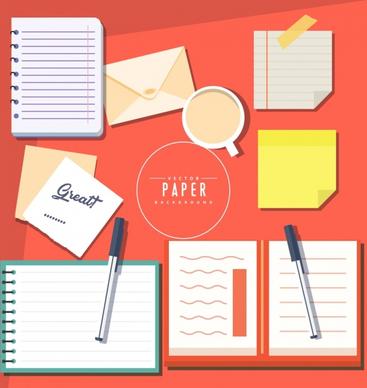 stationery design elements pen notebook paper icons
