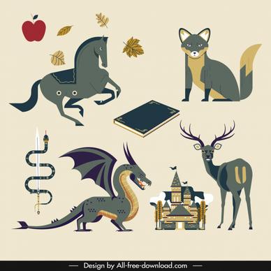 story book design elements classical animals objects sketch