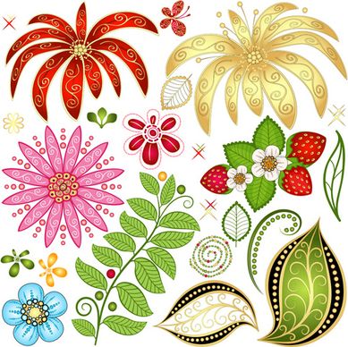 strawberries and flower with leaf pattern vector