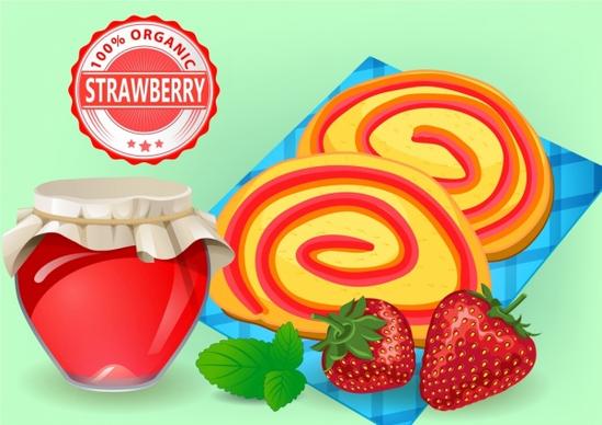 strawberry jam advertisement cake jar icons multicolored design