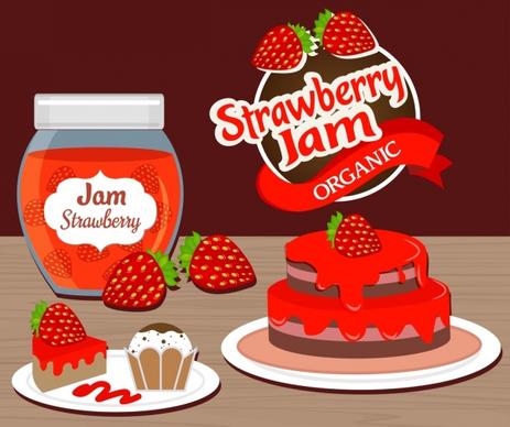 strawberry jam advertising fruit cake icons decor