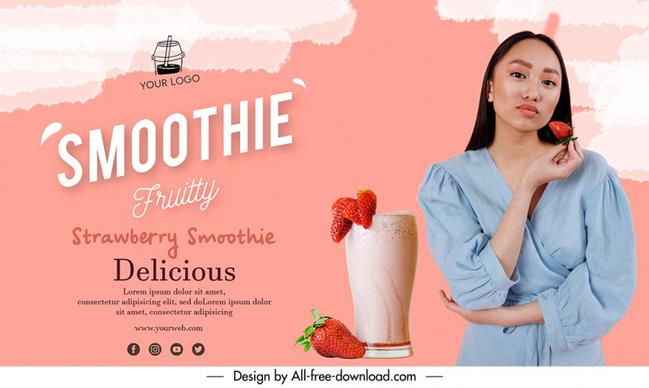 strawberry smoothies banner template young lady posing