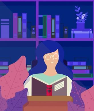 student background reading girl library icon cartoon sketch