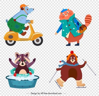 stylized animals icons mouse cat raccoon bear sketch