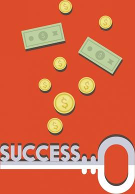 success concept background colored money coins key icons