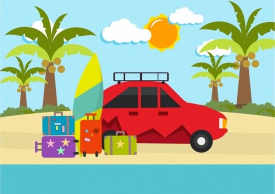 summber vacation background car baggages icons ornament
