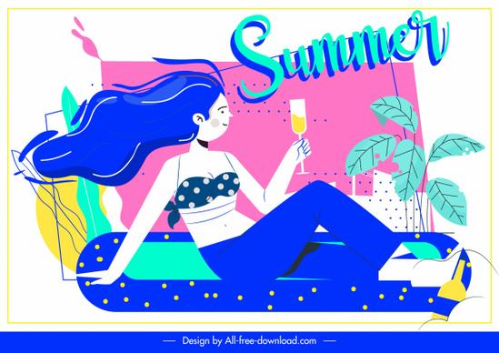 summer banner resting girl cocktail colorful design