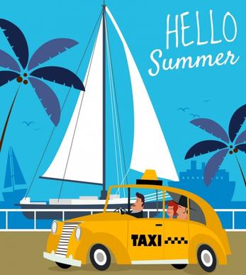 summer banner taxi ship icons cartoon design