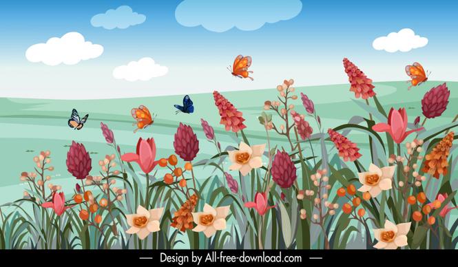  summer banner template elegant design flower blossom butterflies scene sketch