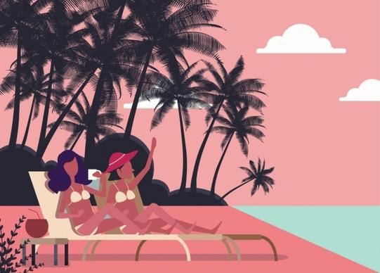 summer beach background bikini women icon cartoon design