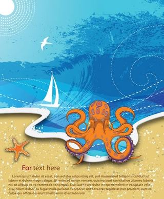 sea holiday banner splashing wave sail octopus sketch
