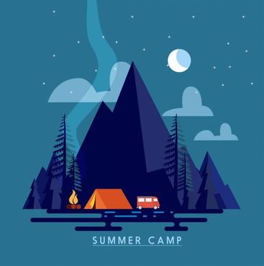 summer camp banner natural mountain moonlight icons