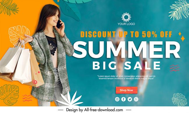 summer discount banner template realistic lady shopper