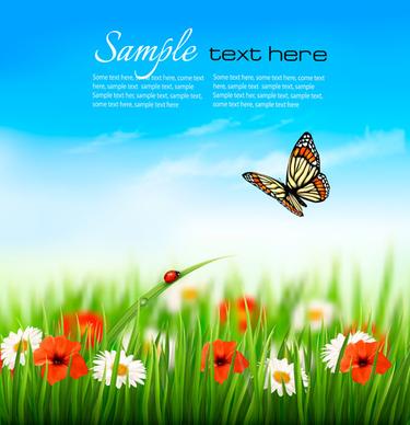 summer grass with flower and butterfly background vector