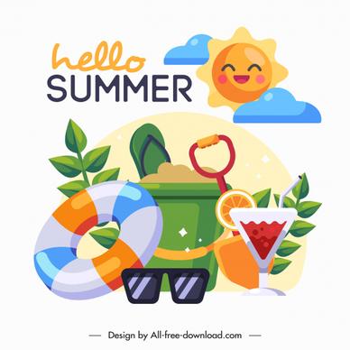 summer holiday banner colorful beach symbols sketch