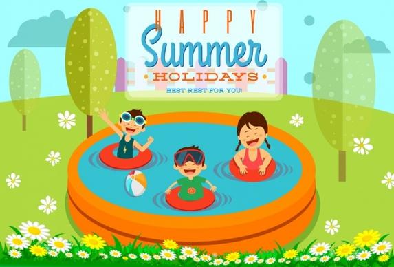 summer holiday banner joyful children swimming pool icons