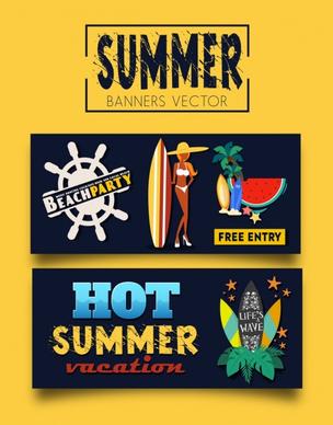 summer party banners bikini girl surfboard coconut icons