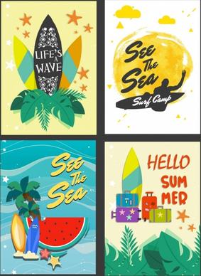 summer poster templates surfboard sea fruit icons