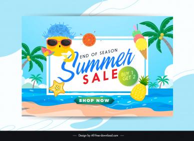summer sale banner template stylized sun beach scene