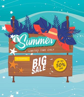 summer sale banner wooden signboard leaves icons decor