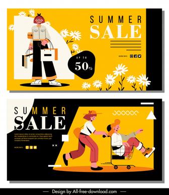 summer sale banners shoppers sketch colorful cartoon design