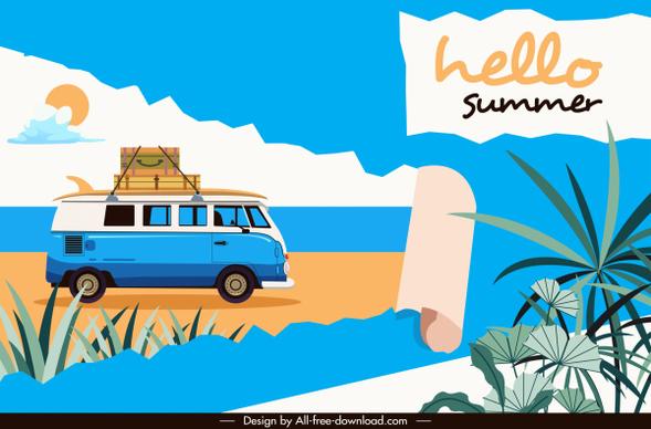 summer time banner beach vacation elements sketch