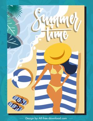 summer time poster bikini girl seaside flat design