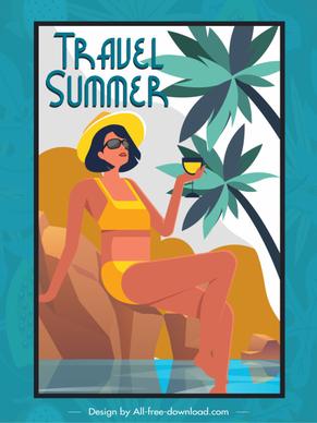 summer travel banner relaxing bikini lady sketch