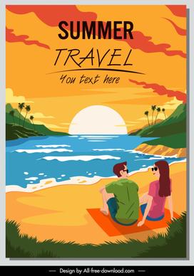 summer travel banner sunset seaside couple sketch