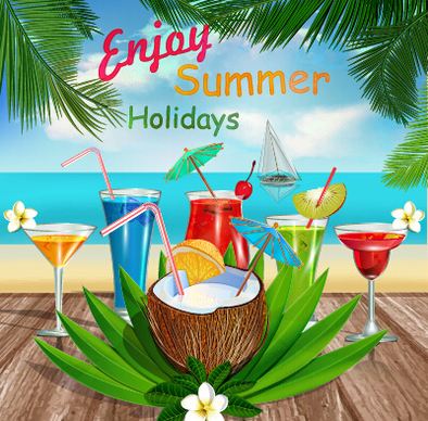 summer travel with fruit drink vector background