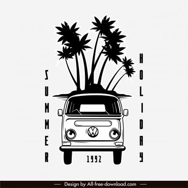 summer trip poster black white retro bus sketch