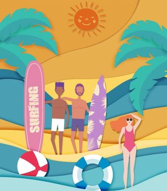 summer vacation background people surfboard beach icons