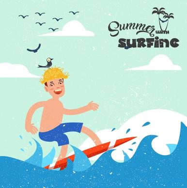 summer vacation banner boy surfing icons colored cartoon