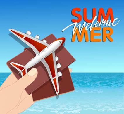 summer vacation banner sea airplane passport icons decor