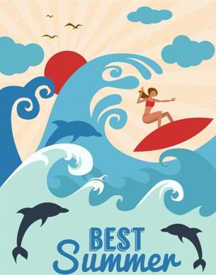 summer vacation banner surfer wave dolphin decor