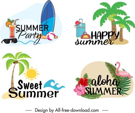 summer vacation logotypes colorful classical symbols sketch
