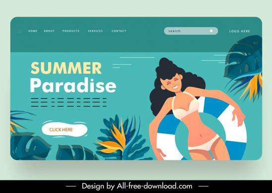 summer vacation webpage template bikini girl flowers sketch