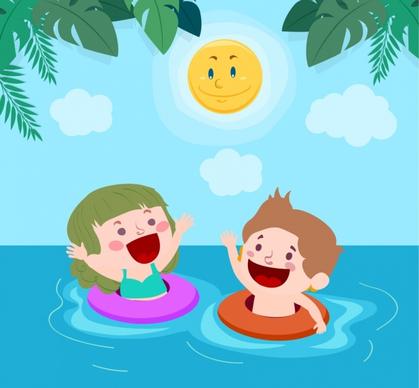 summertime background joyful kids beach stylized sun icons