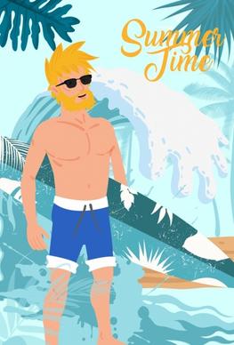 summertime banner man surfboard icon colored cartoon